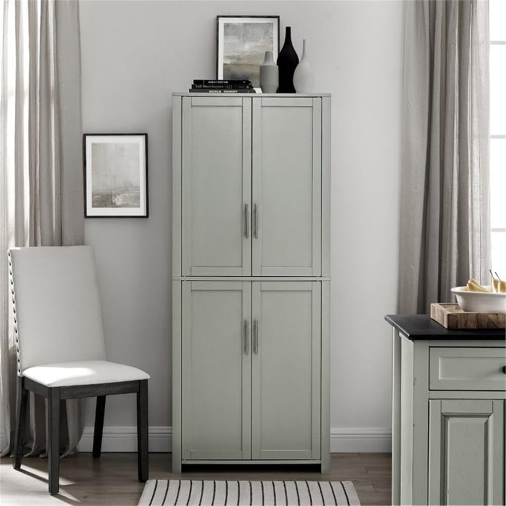 Pemberly Row Tall Wood Pantry Cabinet with Adjustable Shelves, MDF and Birch Veneer, Gray and Nickel Finish, Shaker-Style Doors, 67 in H x 28 in W x 15 in D, Kitchen, Bathroom, or Home Organization