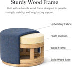 Spatial Order 22" Round Ottoman with Wooden Base - Blue Woven Fabric