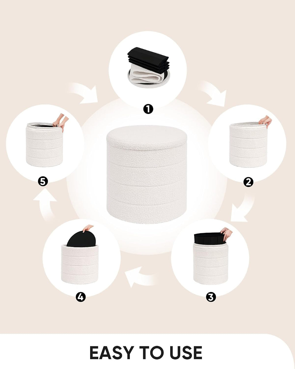 B FSOBEIIALEO Folding Storage Ottoman, Round Sherpa Ottomans, Cream White | 16.9" Foldable Ottoman With Tray, Boucle Foot Stool, Small Storage Coffee Table for Living Room, Bedroom, Hallway