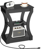 MAHANCRIS Black End Table with Charging Station, Skinny Side Table with USB Ports and Outlets, Nightstand, 3 Tier Bedside Table with Storage Shelf for Living Room, Bedroom, Small Space, ETBK53E01