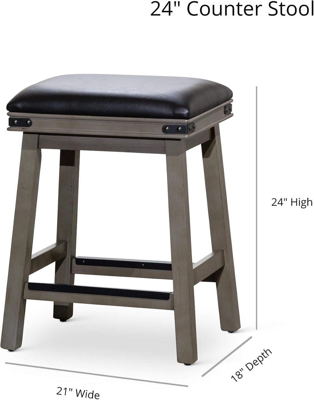 DTY Indoor Living Cortez Bonded Leather Stool, Weathered Gray Finish, 24" Counter Height, Black Leather Seat, Set of 2