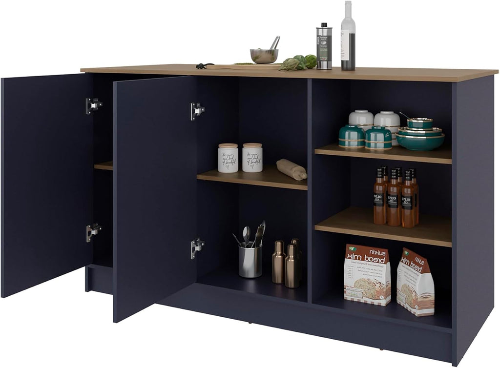 Kitchen Island with 2 Doors and 7 Shelves Alby Blue/Natural Oak | Combines Alby Blue and Natural Oak finishes for modern warm aesthetic