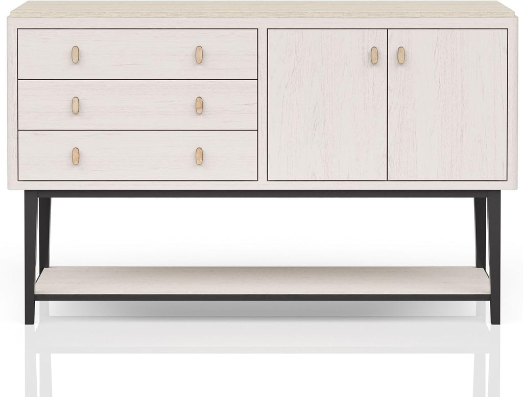 White Solid Wood Server with Metal Base, Solid Wood + MDF | Modern server with soft-close drawers and metal base