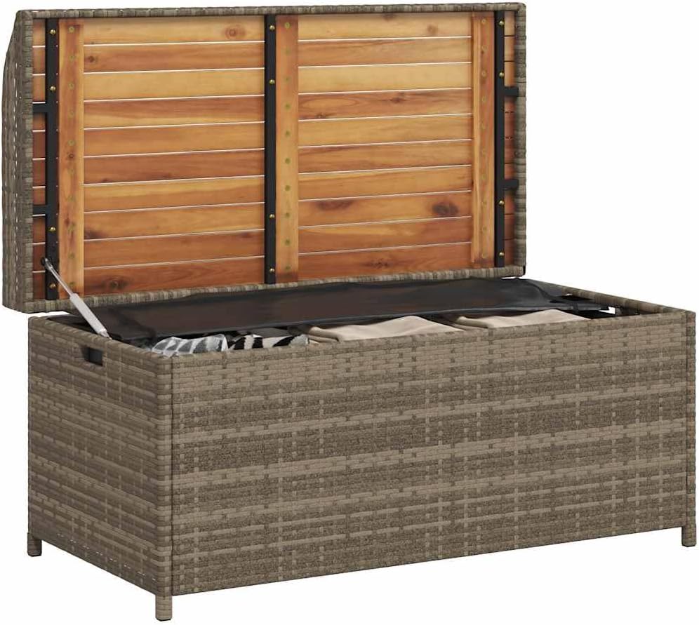 Poly Rattan Storage Bench with Gas Spring Lid, Grey Brown Acacia Wood Seat, Water-Resistant Outdoor Patio Organizer for Cushions and Tools