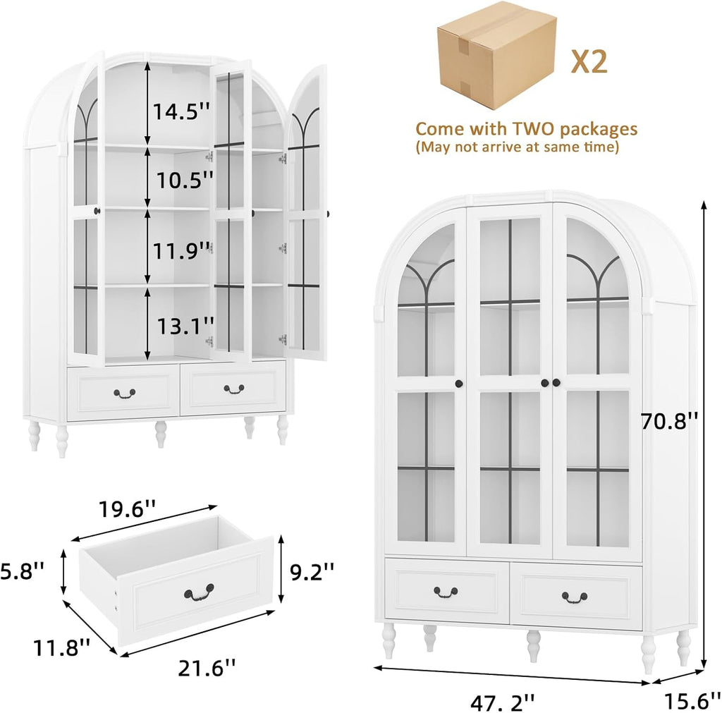 70.8'' Tall Arched Kitchen Pantry Cabinet, Large Farmhouse Storage Cabinet with Glass Doors, Display Case, Wood Bookshelf with 2 Drawers & Adjustable Shelves, Kitchen Pantry for Living Room, White