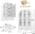 70.8'' Tall Arched Kitchen Pantry Cabinet, Large Farmhouse Storage Cabinet with Glass Doors, Display Case, Wood Bookshelf with 2 Drawers & Adjustable Shelves, Kitchen Pantry for Living Room, White