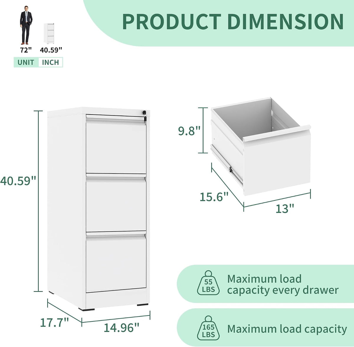 3 Drawer File Cabinet, Vertical File Cabinets with Lock for Home Office,Heavy Duty Office Steel Filing Cabinet for Hanging Letters/Legal/A4, Assembly Required (White)