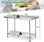 Giantex 48 x 30 Inches Stainless Steel Work Table, Heavy Duty Commercial Kitchen Food Prep Table with Adjustable Under Shelf for Restaurant Garage Home Workstation
