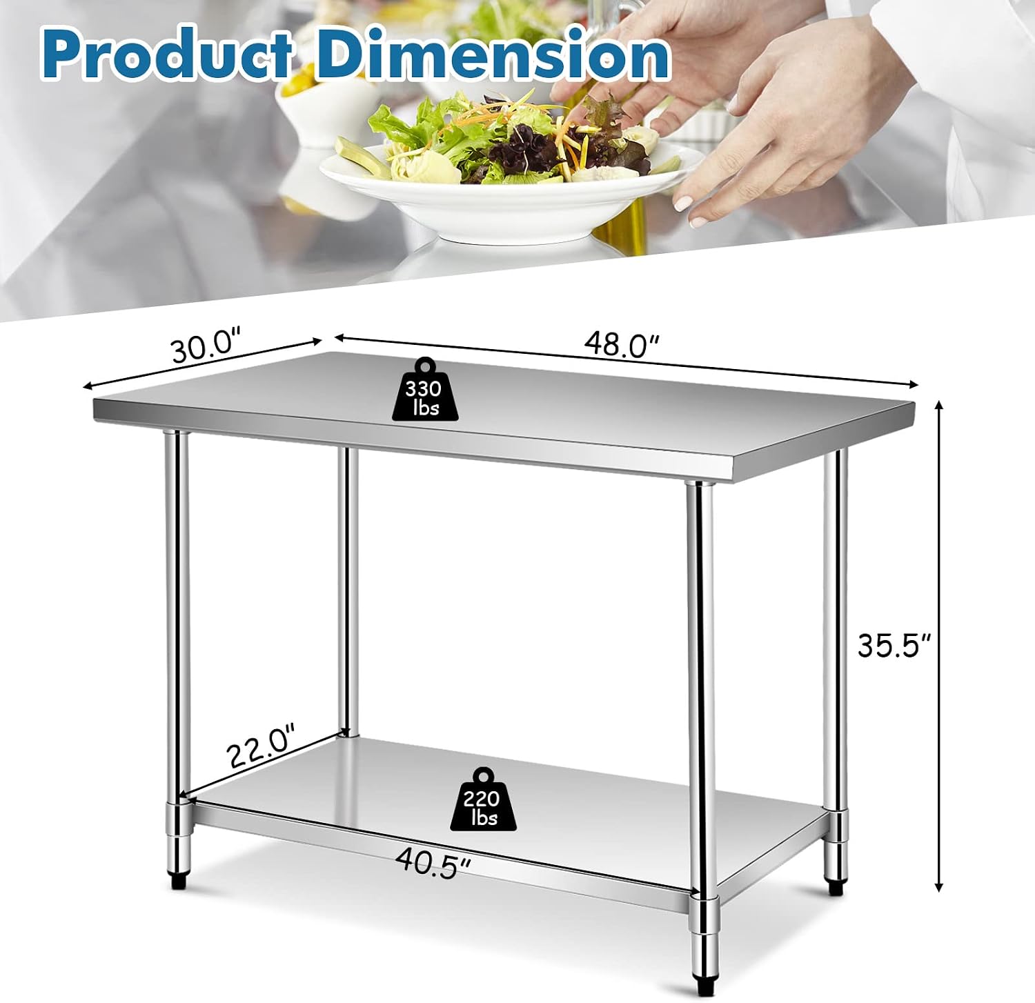 Giantex 48 x 30 Inches Stainless Steel Work Table, Heavy Duty Commercial Kitchen Food Prep Table with Adjustable Under Shelf for Restaurant Garage Home Workstation