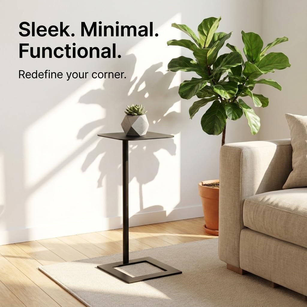 Stable C Table End Table, 23.4" Tall C Shaped Side Table that Slides Under Sofa, Slim Under Couch Table, Modern Industrial Coffee Tray Table for Living Room Bedroom (Medium, Black)