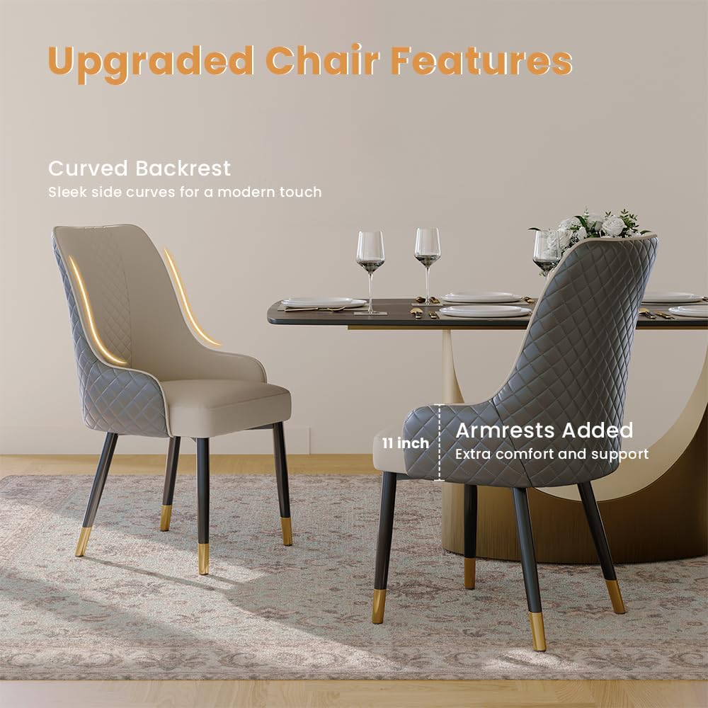 POVISON Dining Chairs Set of 6, Faux Leather Upholstered Bar Chairs with Metal Legs, Modern High-Back Side Chairs for Living Room, Pub, Coffee, Home, Kitchen (Grey)
