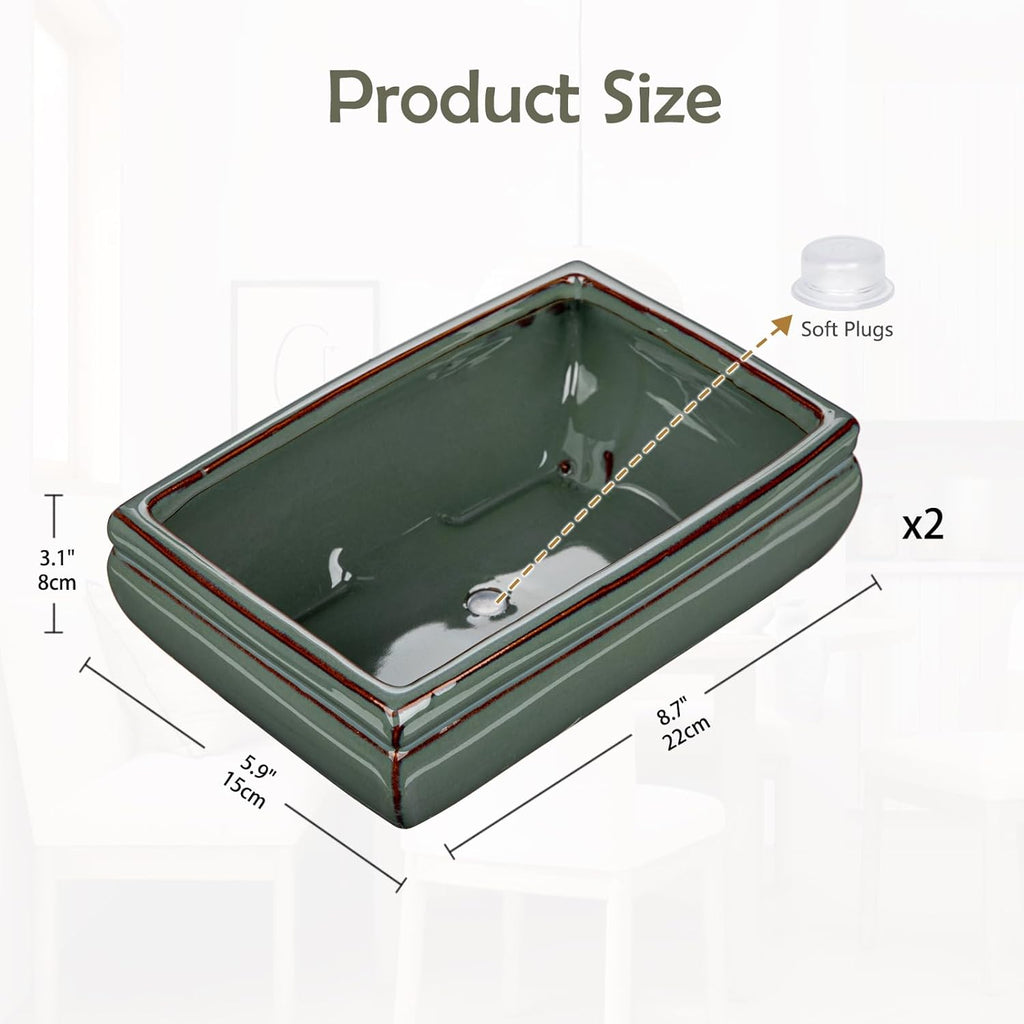 Ceramic Bonsai Pots with Drainage Hole Set of 2, Green Glazed Bonsai Planters for Indoor/Outdoor Use, Rectangular Shallow Bonzai Tree Pot for Succulent, Orchids, Cacti, Home, Patio, Garden, 8.7"x5.9"