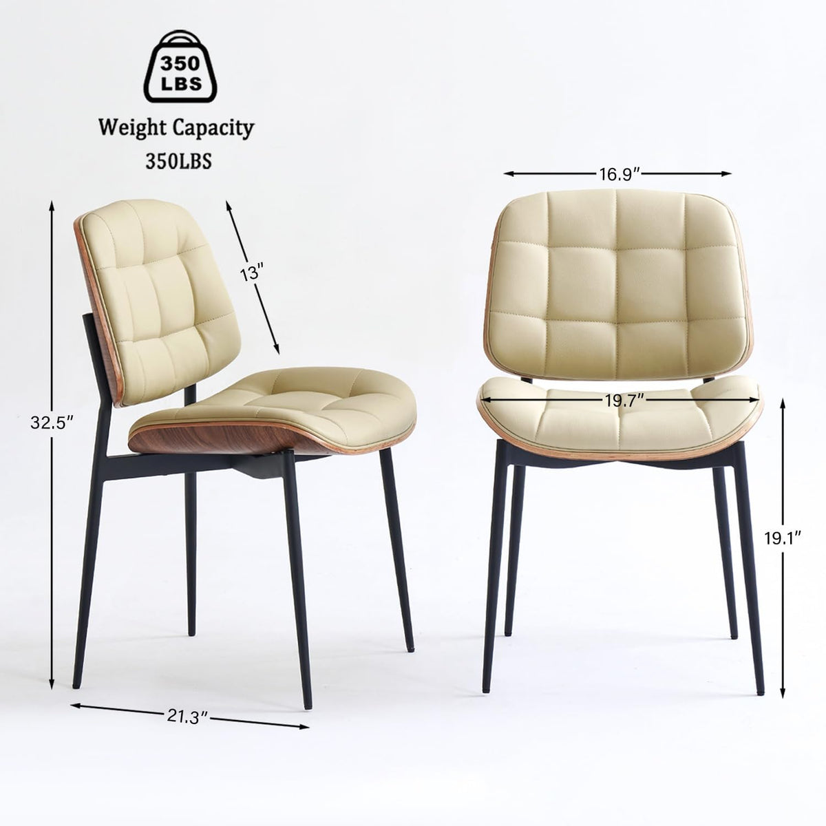 GrandNoor Mid Century Modern Dining Chairs with Walnut Grain Back, Beige Faux Leather Dining Room Chairs Set of 4, Checkered Soft Cushion Kitchen Chairs with Adjustable Foot Pads