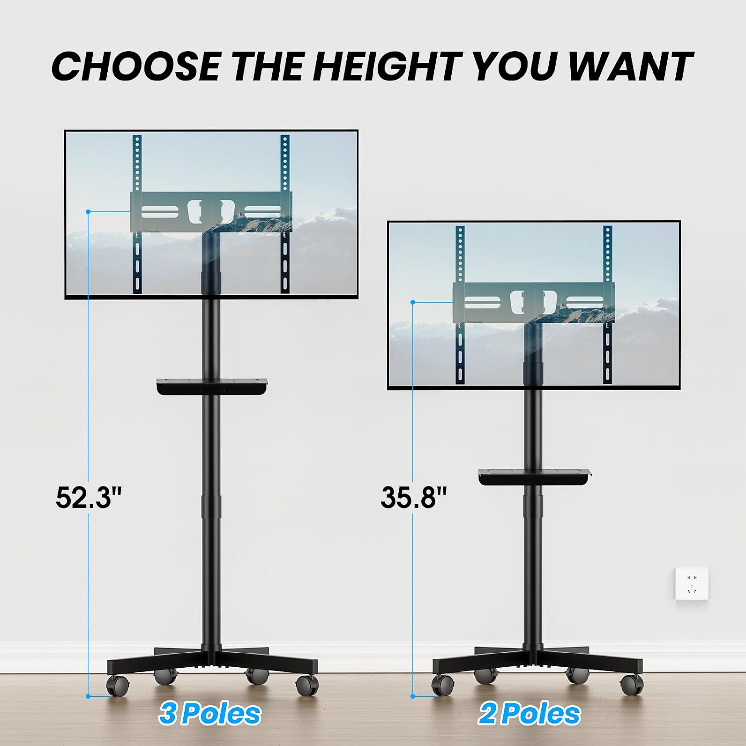 Mobile TV Cart for 23-60 Inch LCD LED OLED Flat Curved Screen TVs - Height Adjustable Rolling Floor Stand with Shelf and Locking Wheels - Up to 88lbs, Max VESA 400x400mm, Black