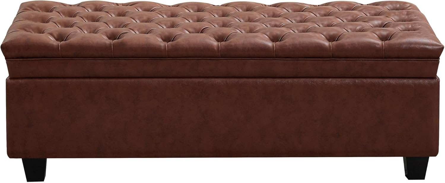 WUTUTUEE 50" Faux Leather Storage Ottoman Bench, Upholstered Rectangle End of Bed Storage Ottoman Tufted Living Room Bedroom Bench with Safety Hinge, Solid Wood Legs, Loads 500 lb(Brown)