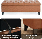 PU Storage Ottoman Bench - Leather Storage Bench End of Bed with Safety Hinges, Tufted Ottoman for Living, Dining Room, Entryway and Hallway, Brown