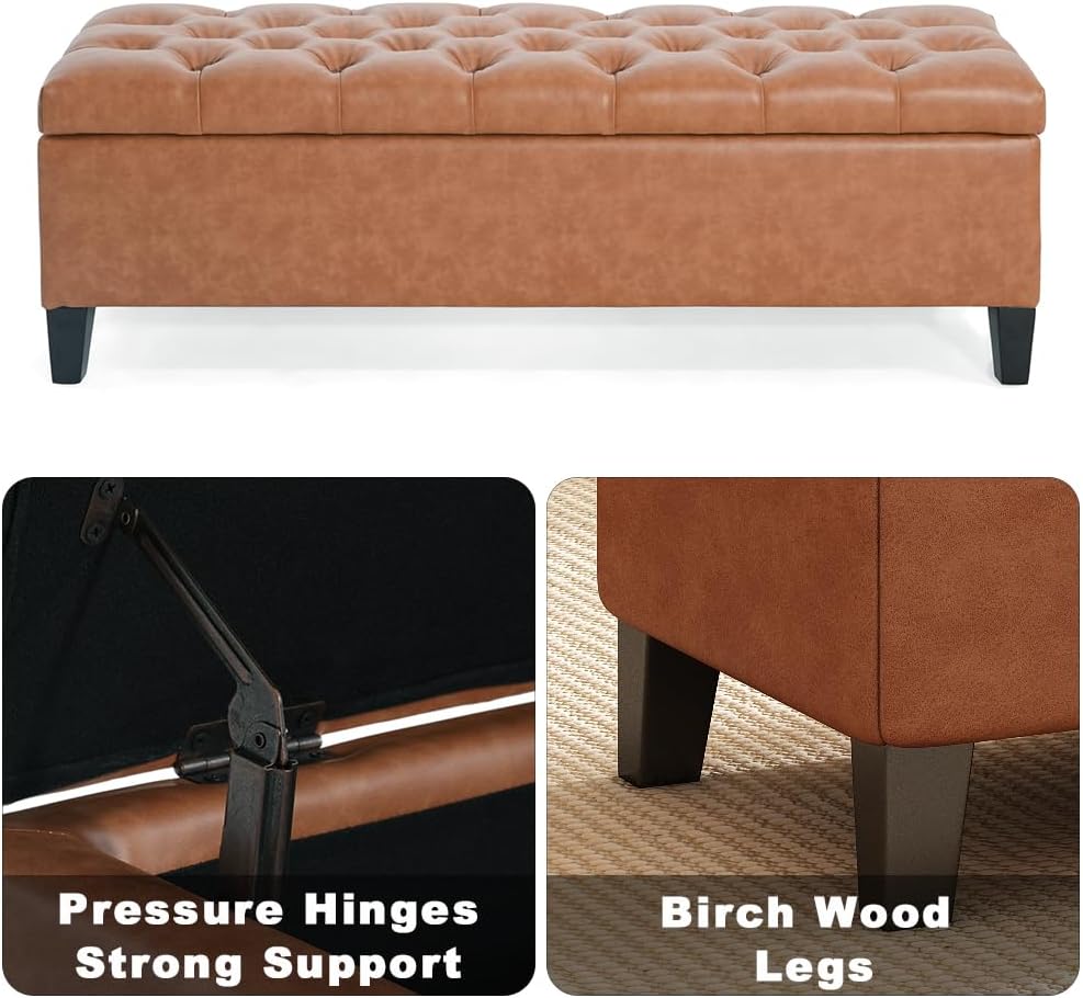 PU Storage Ottoman Bench - Leather Storage Bench End of Bed with Safety Hinges, Tufted Ottoman for Living, Dining Room, Entryway and Hallway, Brown