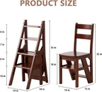Solid Wood 3-in-1 Folding Ladder Chair, Convertible Step Stool & Display Rack, 4-Tier Multi-Functional Ladder, Dual Purpose for Home, Kitchen, Library, 265 lbs Capacity (Walnut Color, 13 x 18 x 35 in)