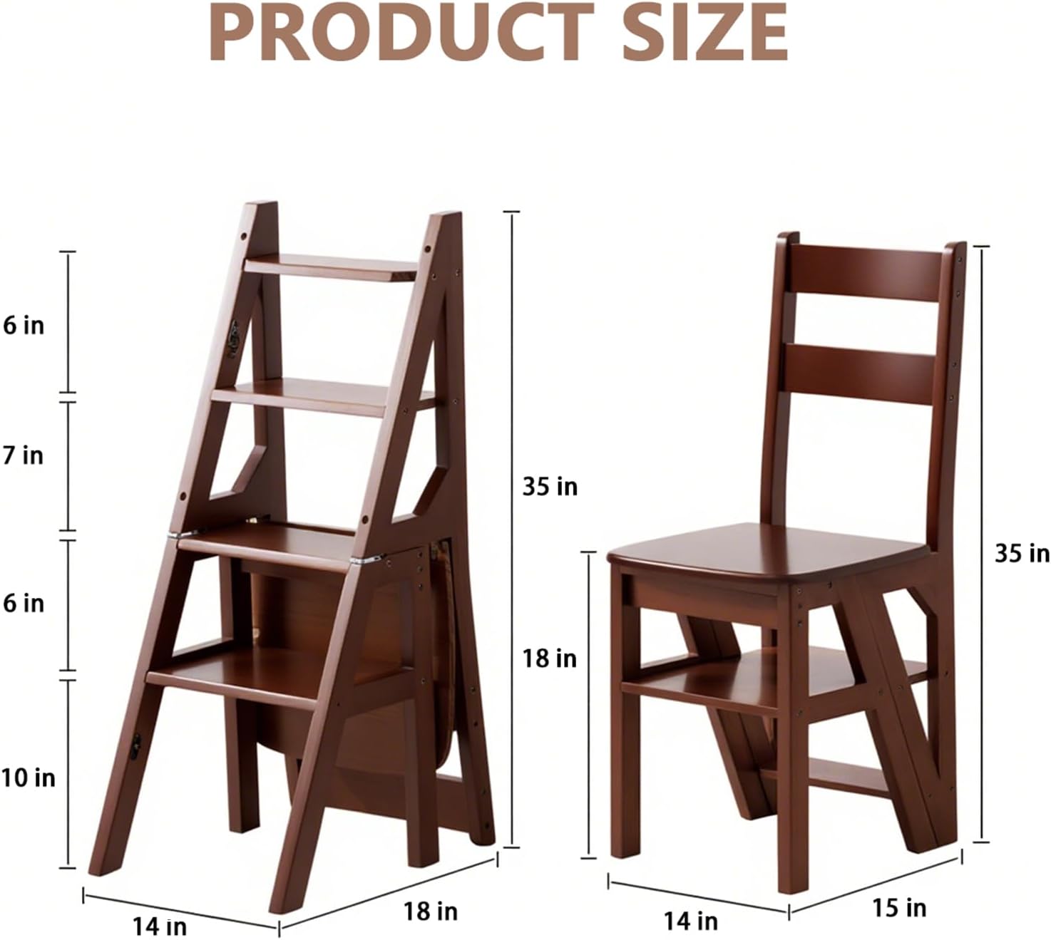 Solid Wood 3-in-1 Folding Ladder Chair, Convertible Step Stool & Display Rack, 4-Tier Multi-Functional Ladder, Dual Purpose for Home, Kitchen, Library, 265 lbs Capacity (Walnut Color, 13 x 18 x 35 in)