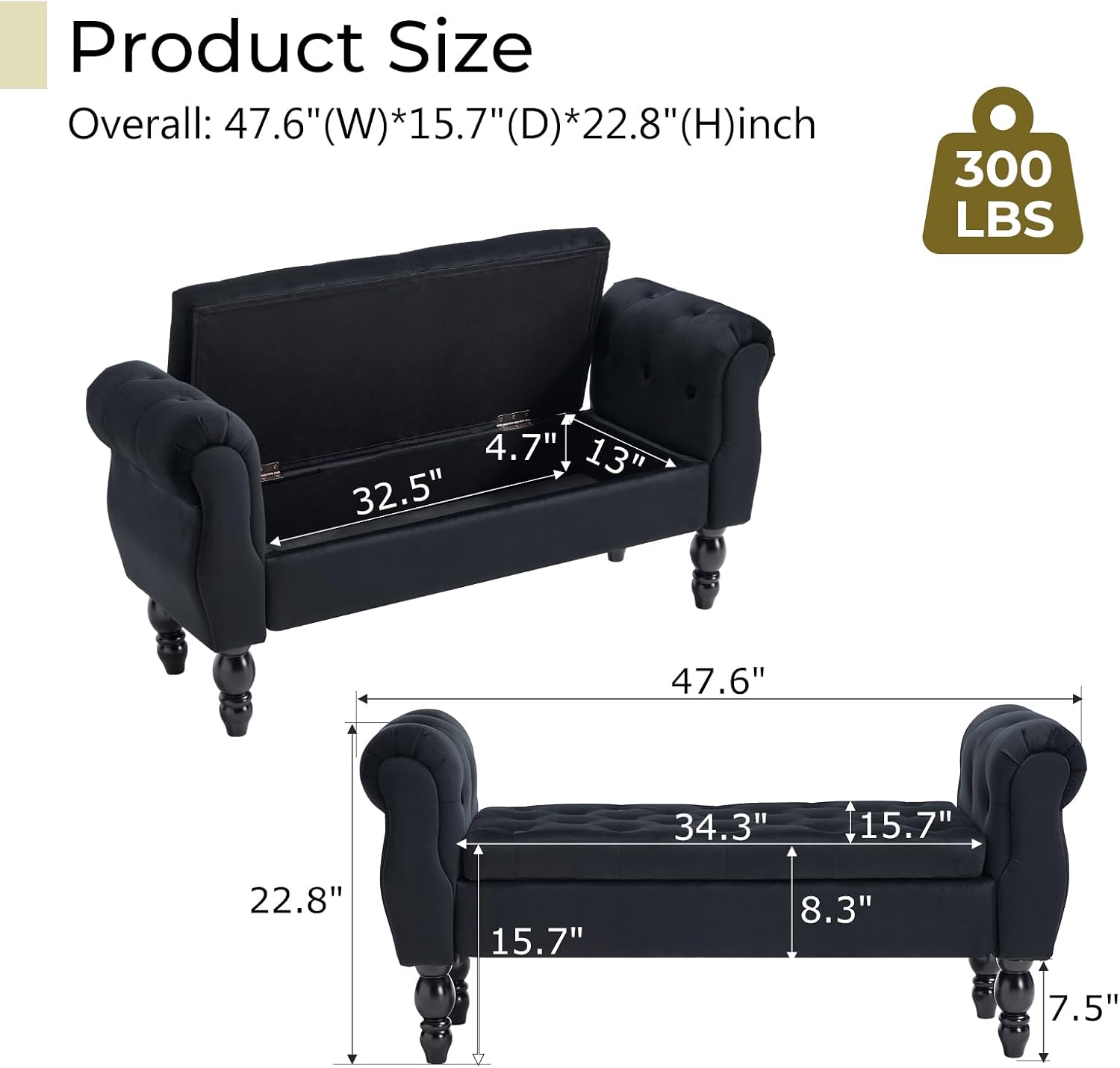 Velvet Upholstered Storage Bench with Arms and Wooden Legs, 47.6" Modern Button Tufted Bench for Bedroom End of Bed, Upholstered Living Room Entryway Sitting Window Benches for Hallway, Black