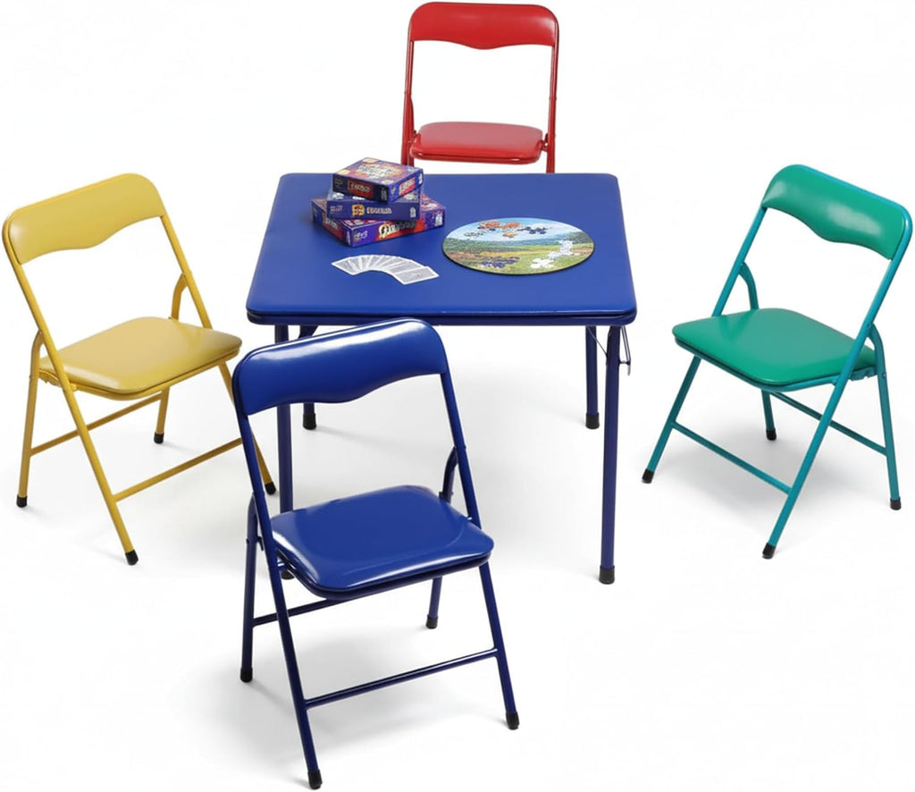 FurnitureR 5-Piece Folding Table and Chair Set, Compact Square Activity Table with 4 Folding Chairs, Sturdy Metal Frame, Flat-Fold Design for Game Room, Crafts, Family Activities