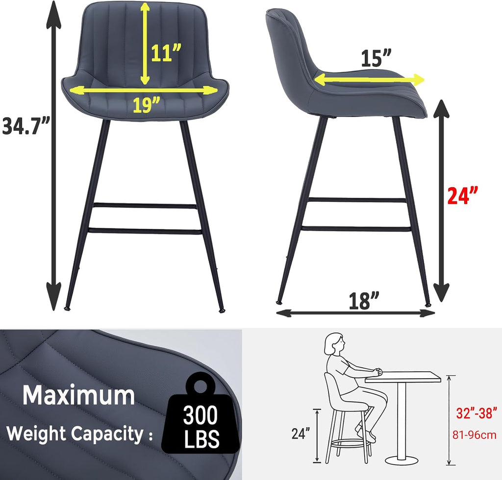 Sidanli Counter Height Barstools Set of 2, Counter Height Chairs with Backrest, Faux Leather, Metal Legs, 24 Inch Height Bar stools for Kitchen, Dining Room, Gray