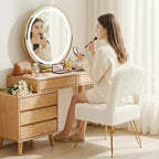 Vanity Stool with Storage & Folding Backrest, Cute White Faux Fur Makeup Stool Ottoman, Comfy Padded Chair for Bedroom, Adjustable Back & Plush Cushion Seat, 16.6" Wide 11L Storage Space