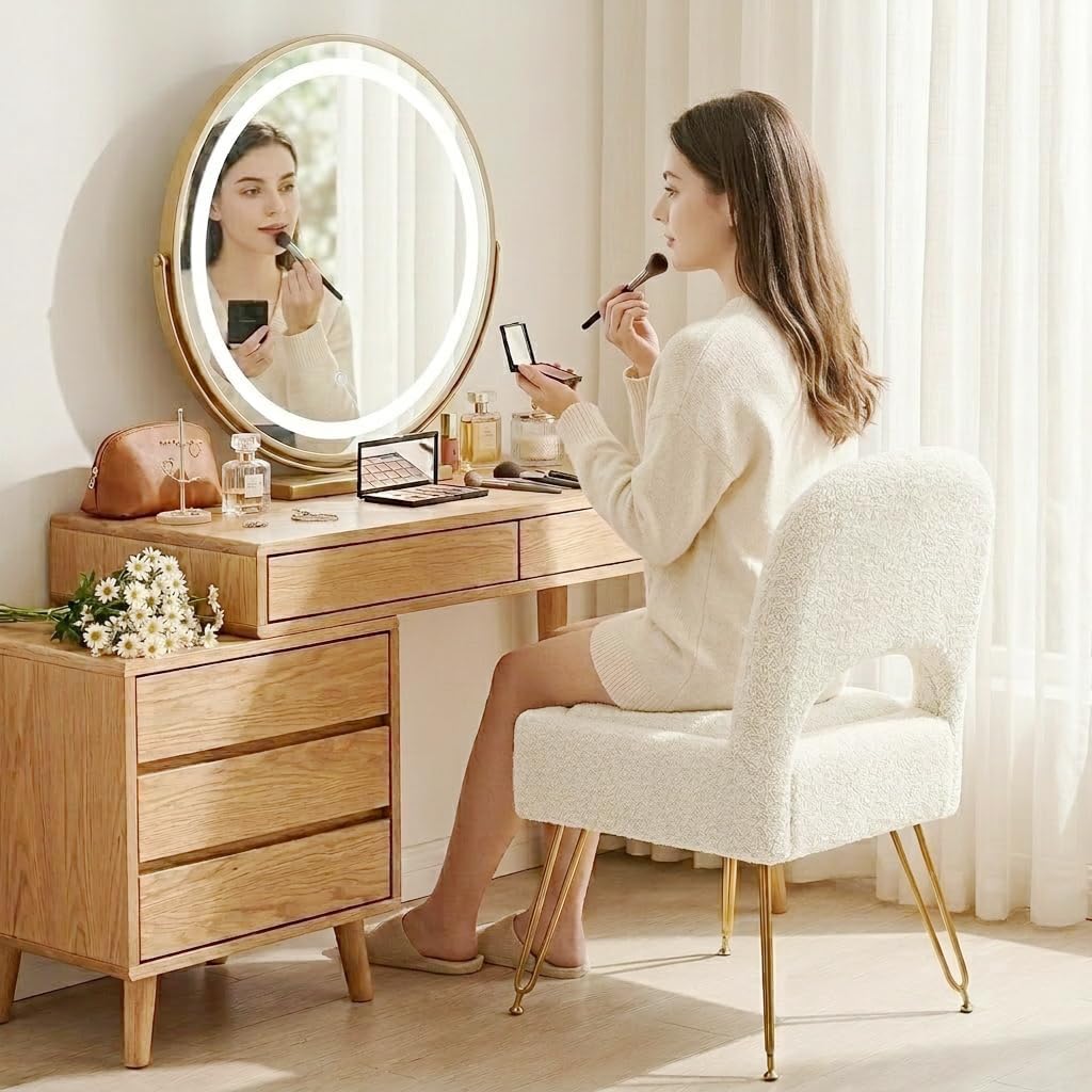 Vanity Stool with Storage & Folding Backrest, Cute White Faux Fur Makeup Stool Ottoman, Comfy Padded Chair for Bedroom, Adjustable Back & Plush Cushion Seat, 16.6" Wide 11L Storage Space
