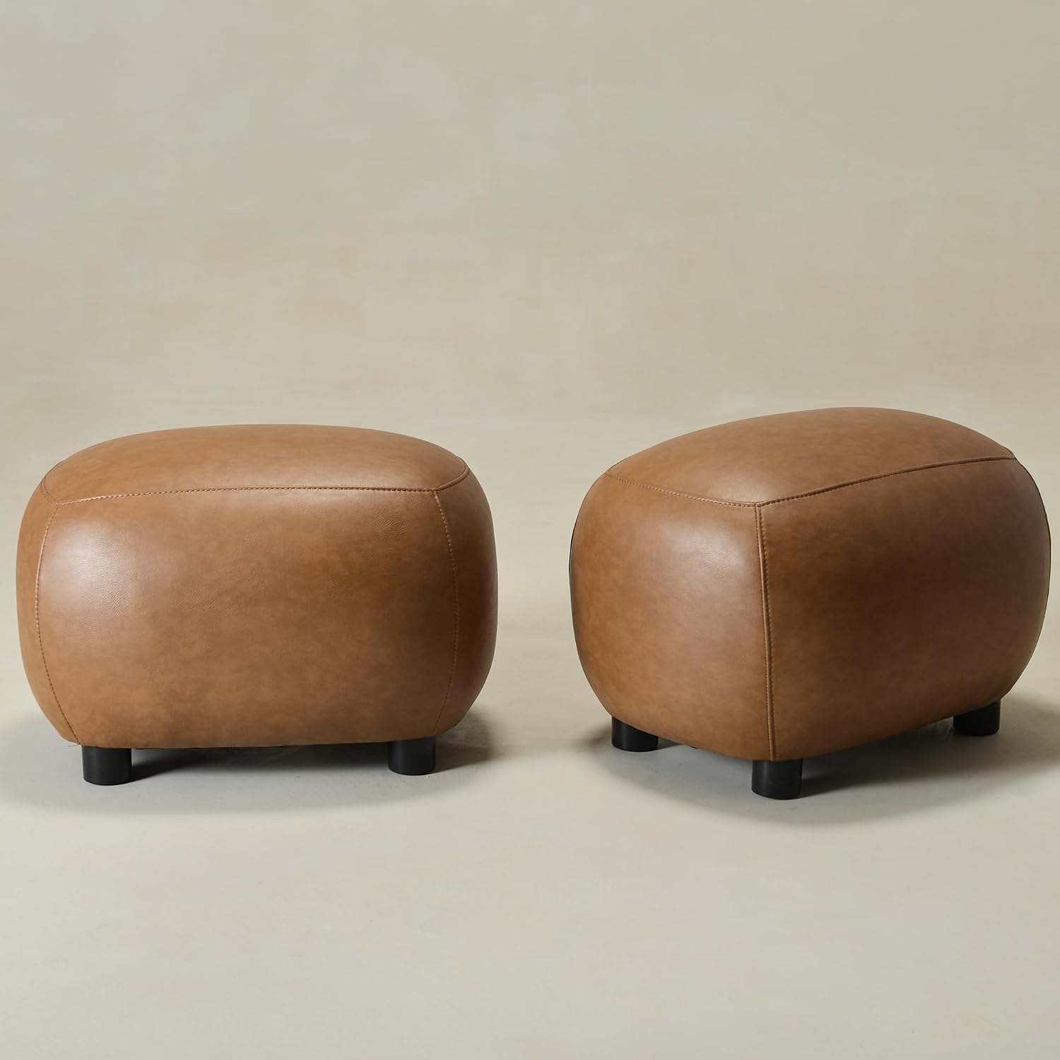 KINWELL 23" Wide Faux Leather Upholstered Ottoman Set of 2, Camel | Living Room Footrest with Soft Padded Seat, Mid-Century Modern Entryway Footstool for Bedroom, Entryway or Living Room