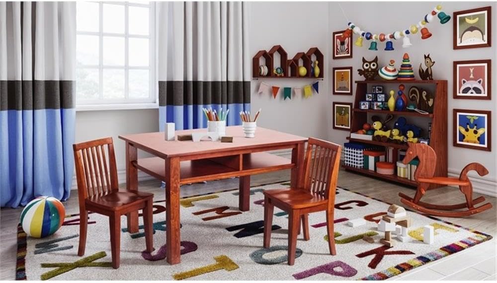 Pemberly Row Contemporary Kid's 3 Piece Table and Chair Set, Solid Wood Construction, Cherry Finish, Includes 2 Chairs, 25" H Table, Comfortable Contoured Seats, Baby and Kids Room Furniture