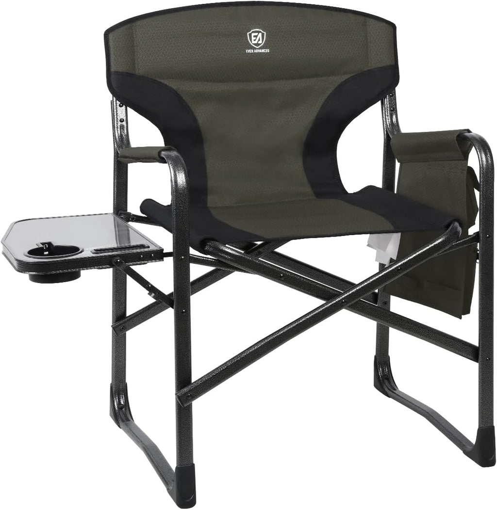 EVER ADVANCED Lightweight Aluminum Director Camping Chair, 350 lb Capacity | 19" Joint-Friendly Seat for Easy Standing with Side Table, Cup Holder & Storage, Ideal for Camping, Makeup Artists, Vendors