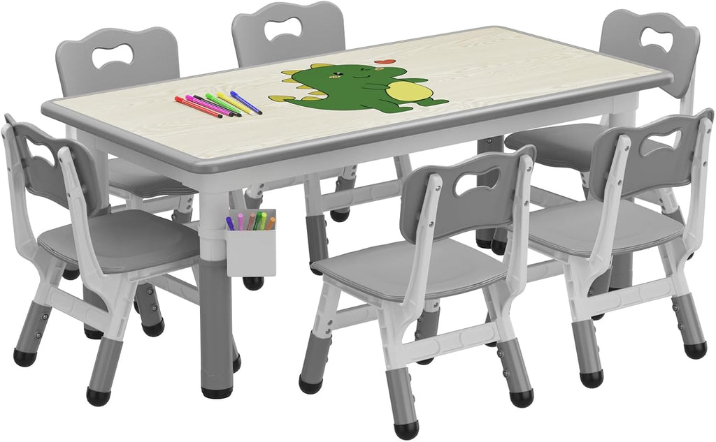 Kids Table and Chairs Set Height Adjustable Table and 6 Chairs for Toddlers | 120*60 cm Graffiti Table | Non-slip Caps | Ergonomic Chair | Rounded Corners | Suitable for Daycare, Classrooms, Home