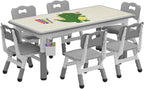 Kids Table and Chairs Set Height Adjustable Table and 6 Chairs for Toddlers | 120*60 cm Graffiti Table | Non-slip Caps | Ergonomic Chair | Rounded Corners | Suitable for Daycare, Classrooms, Home