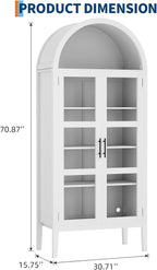 70" Tall Arched Pantry Cabinet with Tempered Glass Doors and LED Lighting - Modern Wood Display Storage with Adjustable Shelves and Acrylic Side Panels - for Kitchen, Dining, Living Room -