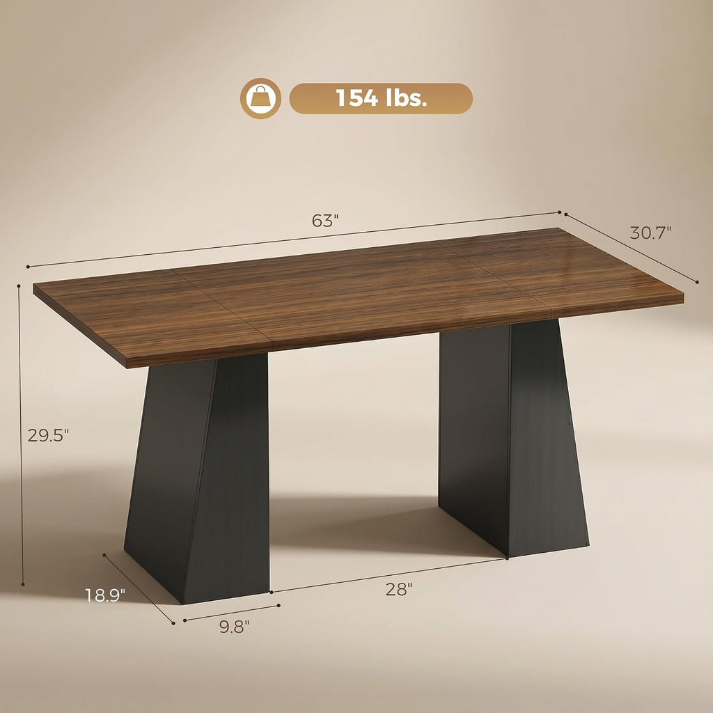 HOMCOM Modern Dining Table for 6, 63" Rectangle Kitchen Table with Trapezoid Pedestal Base, Dining Room Table for Home, Apartment, Livign Room Black and Light Walnut