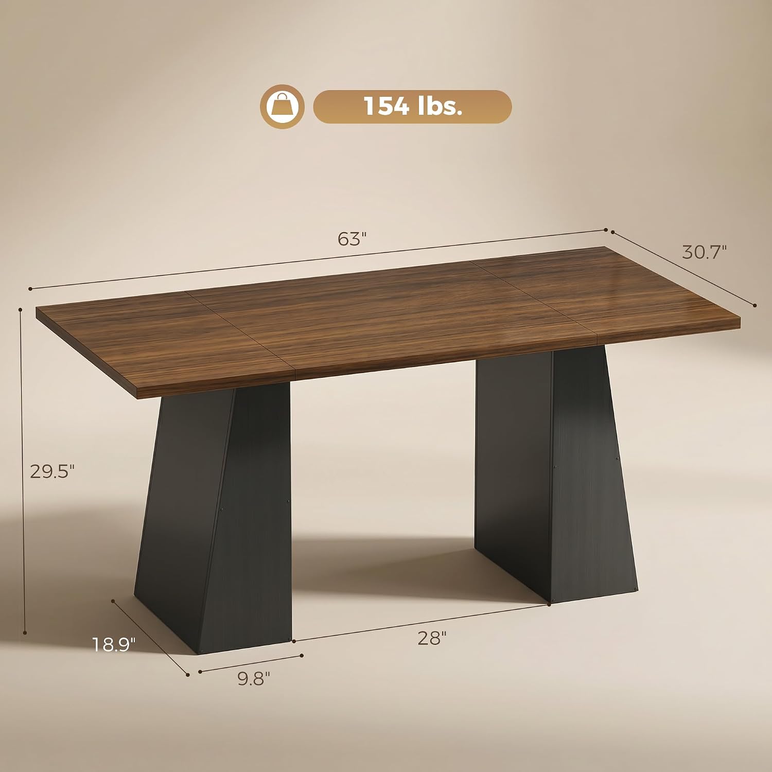 HOMCOM Modern Dining Table for 6, 63" Rectangle Kitchen Table with Trapezoid Pedestal Base, Dining Room Table for Home, Apartment, Livign Room Black and Light Walnut
