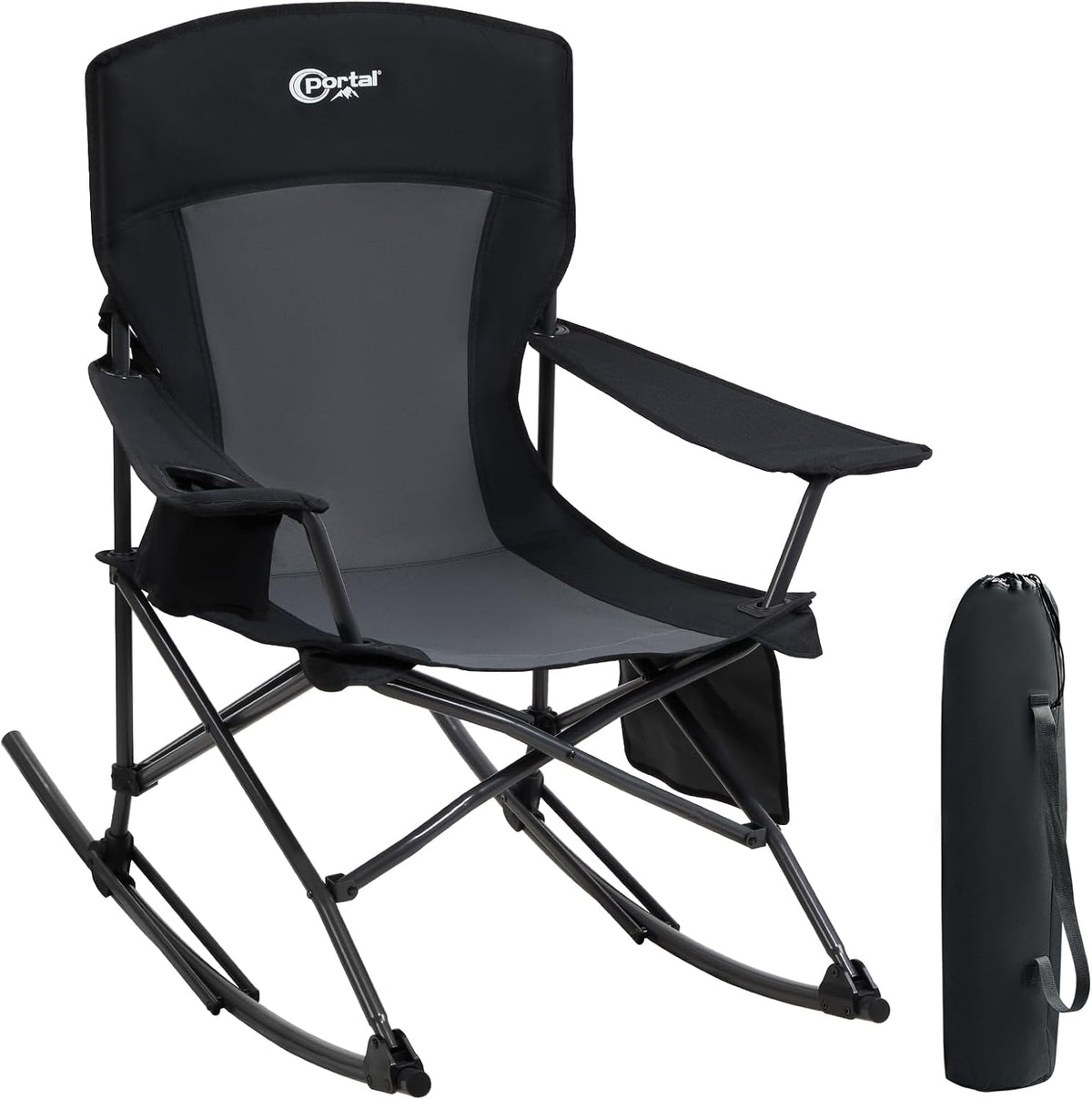Portal Outdoor Rocking Chair Camping Folding Portable Rocker with Cup Holder Side Pocket Carry Bag, Support 350LBS (Black)