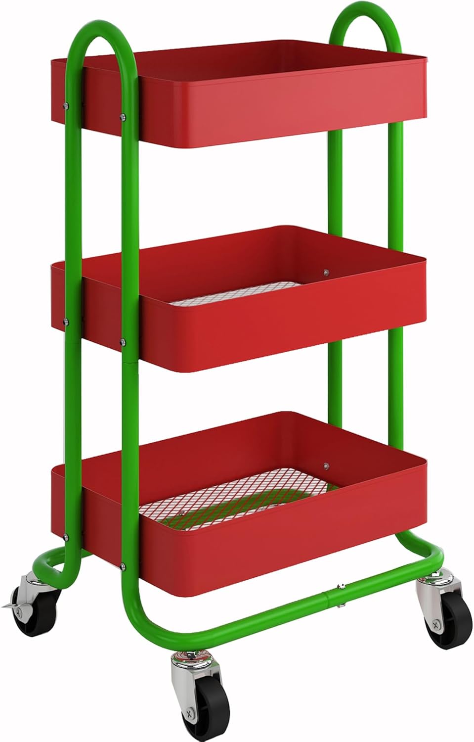 Metal Rolling Cart,3-Tier Metal Rolling Cart with Wheels,3 Tier Utility Cart with Wheels for Office,Home,Kitchen,Garden（13.4"x18.1"x31"） Red+Green