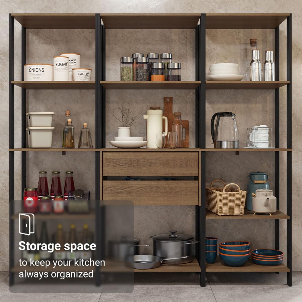 Madesa Kitchen Pantry Storage Rack with 2 Drawers and Open Shelves 74" L Multiuse Modular Cabinet for Kitchen Organization - Black/Brown