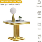 Henf 23in Square End Table Faux Marble End Table with Pillar Stainless Steel Base, Night Table White Marble top Accent Sofa Side Table for Living Room Office, Luxury White&Gold End Side Table