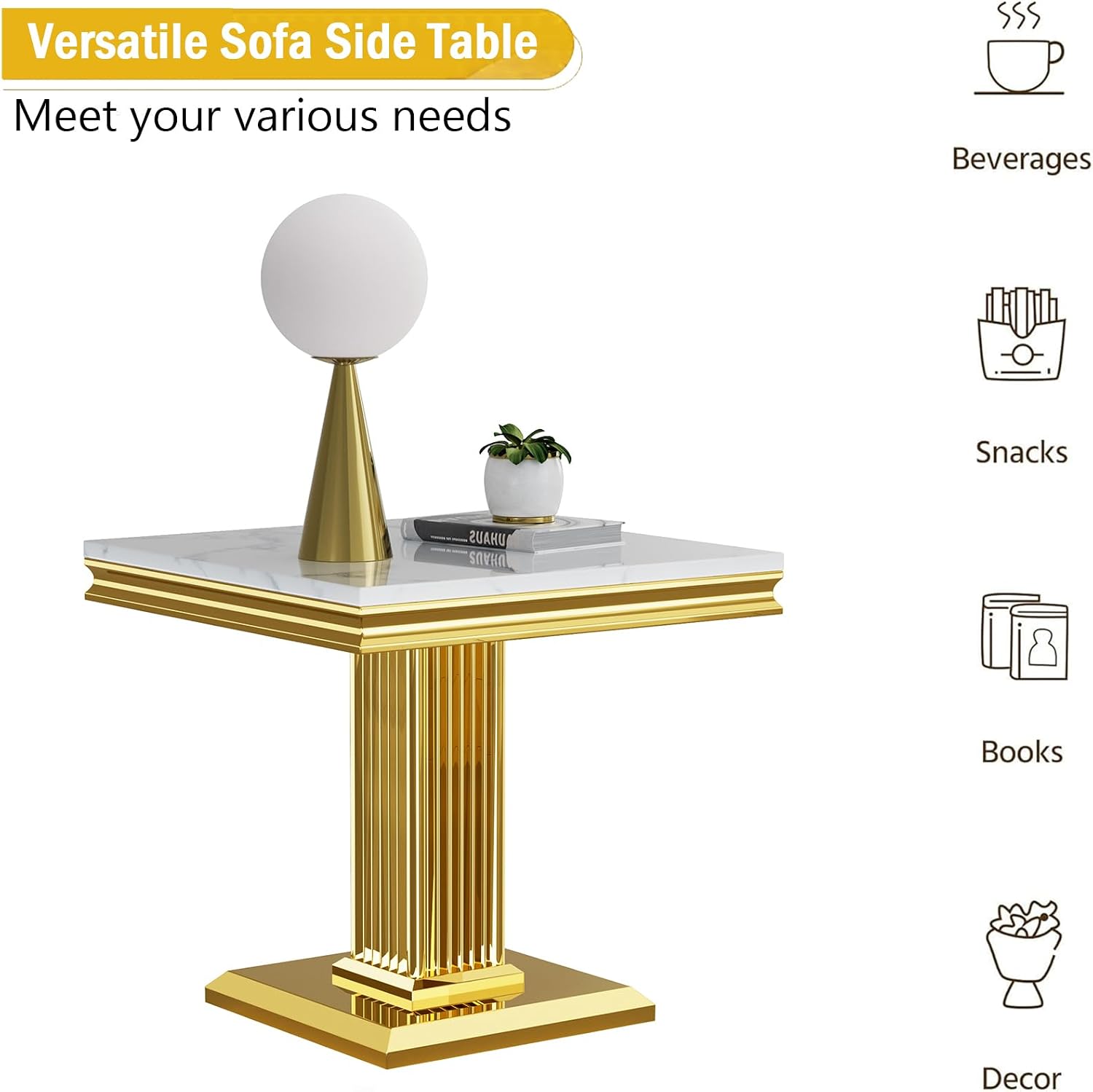 Henf 23in Square End Table Faux Marble End Table with Pillar Stainless Steel Base, Night Table White Marble top Accent Sofa Side Table for Living Room Office, Luxury White&Gold End Side Table