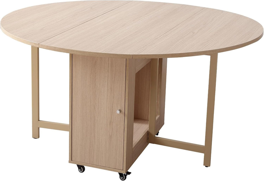 COMUHOME 47.3" Round Folding Dining Table for 4-8, Wood Kitchen Foldable Dining Table Large Drop Leaf Dinner Table with Storage Shelf Metal Legs for Home Dining Room Living Room in Wood Color