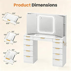 Pamapic Glass Top Vanity Desk with Foldable Mirror, 11 Drawers Makeup Vanity with LED Lighted Mirror, Power Outlet, 3 Lighting Modes Dressing Table with Golden Handles, White