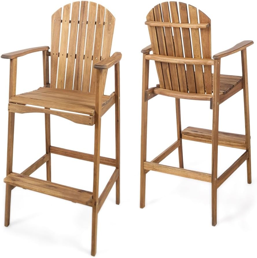 Adirondack Bar Stools, Set of 2 Natural Stained Acacia Wood Outdoor Barstools, Patio Counter Chairs for Backyard Deck Garden Porch Bar Seating