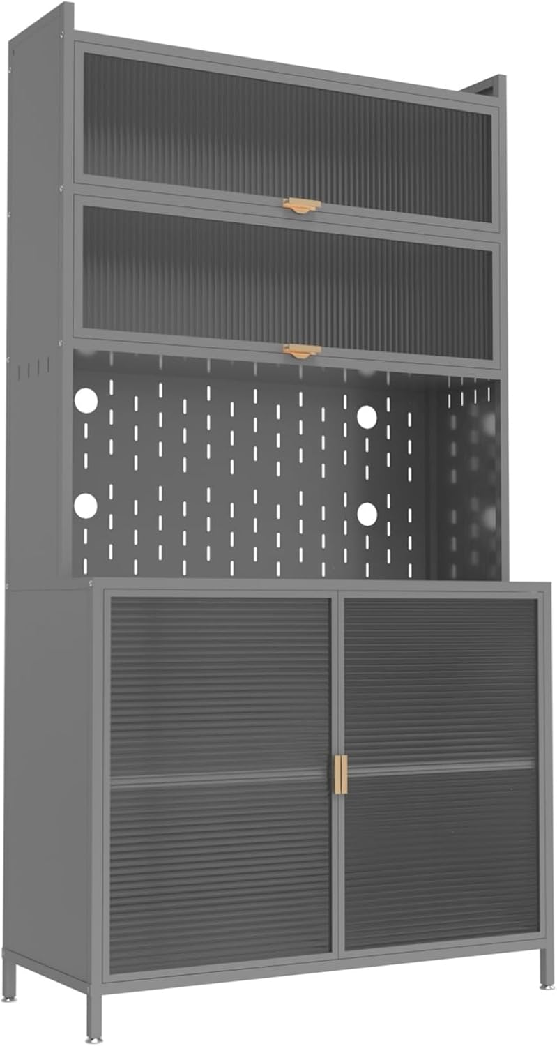 73'' Gray Tall Kitchen Pantry Cabinet, 6-Tier Metal Storage Cabinet with Quick-View Acrylic Flip Door & Adjustable Shelves, Space-Saving Hutch for Kitchen, Dining Room, Living Room