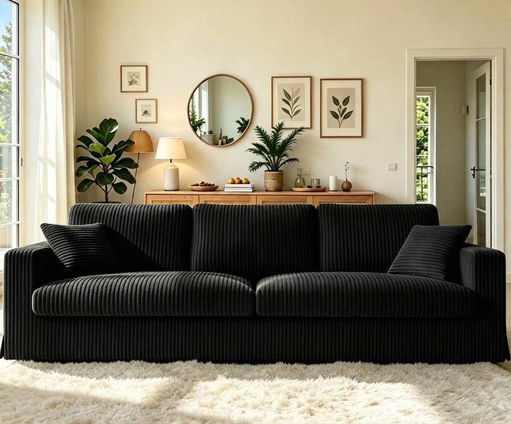 Welzona 101" Sofas for Living Room, Oversized Couch,Couches for Living Room | Comfy Corduroy Couch, Tool-Free Setup Sofa Couch, 6.3" Extra Wide Armrest, All-Wood Modern Couch For Bedroom, 2 Pillow, Black