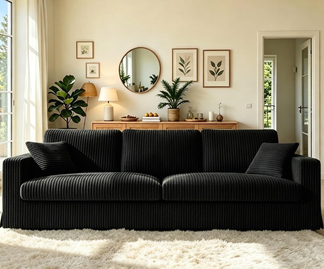 Welzona 101" Sofas for Living Room, Oversized Couch,Couches for Living Room | Comfy Corduroy Couch, Tool-Free Setup Sofa Couch, 6.3" Extra Wide Armrest, All-Wood Modern Couch For Bedroom, 2 Pillow, Black