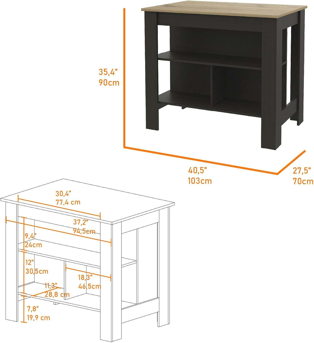 Kitchen Island with Three Concealed Shelves, Black, Light Oak | Modern kitchen island with three concealed shelves and ample storage space