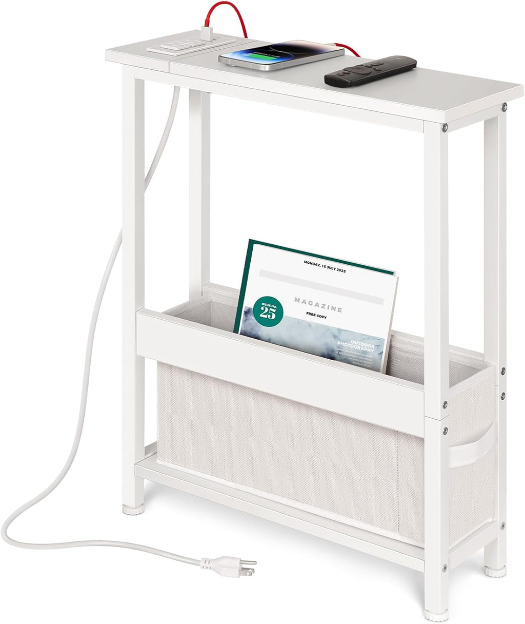 BAMGROW Slim Charging End Table with Storage - for Small Spaces and Bedroom (White)