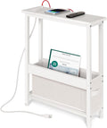 BAMGROW Slim Charging End Table with Storage - for Small Spaces and Bedroom (White)